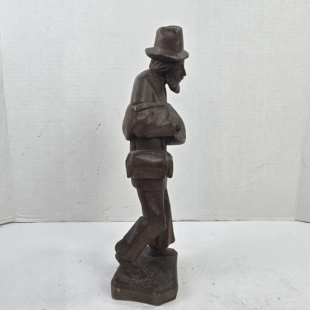 Vtg Hand Carved Wood Figurine Traveling Man Bowl In Hand & Bag Venezuela 12